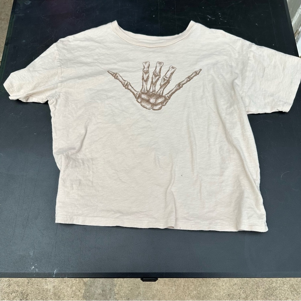 American Eagle Outfitters Cream Crop Top with Brown Skeleton Print
